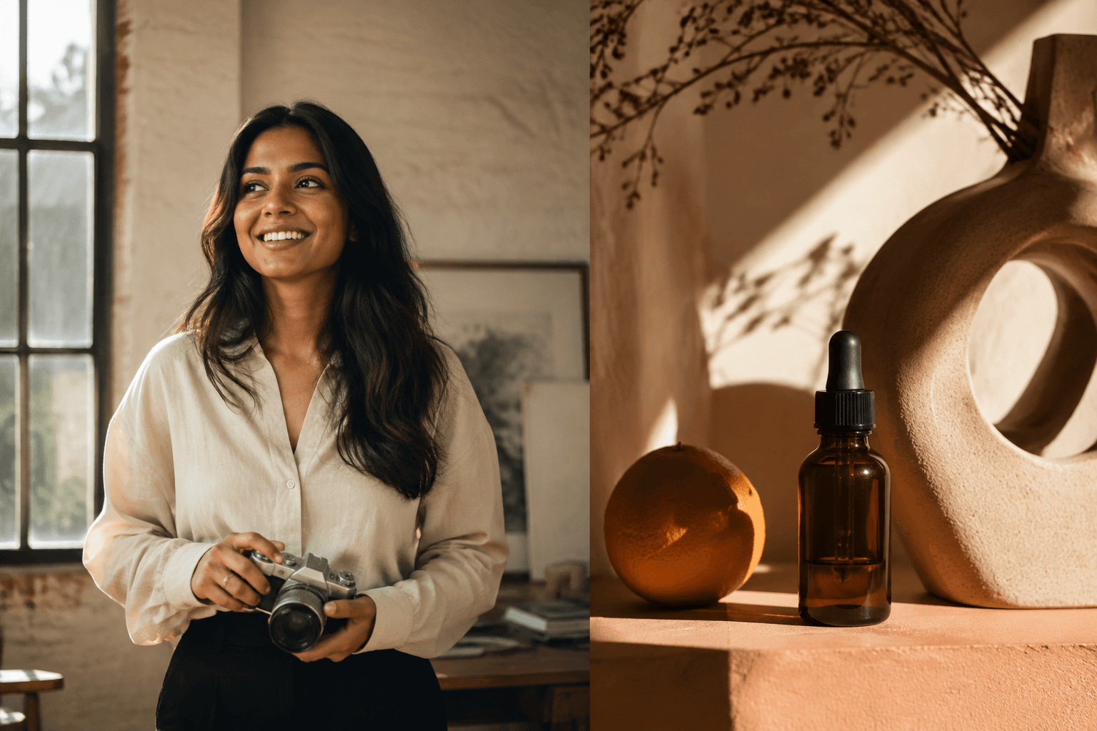 Editorial illustration of a creator with her camera alongside a skincare campaign still life