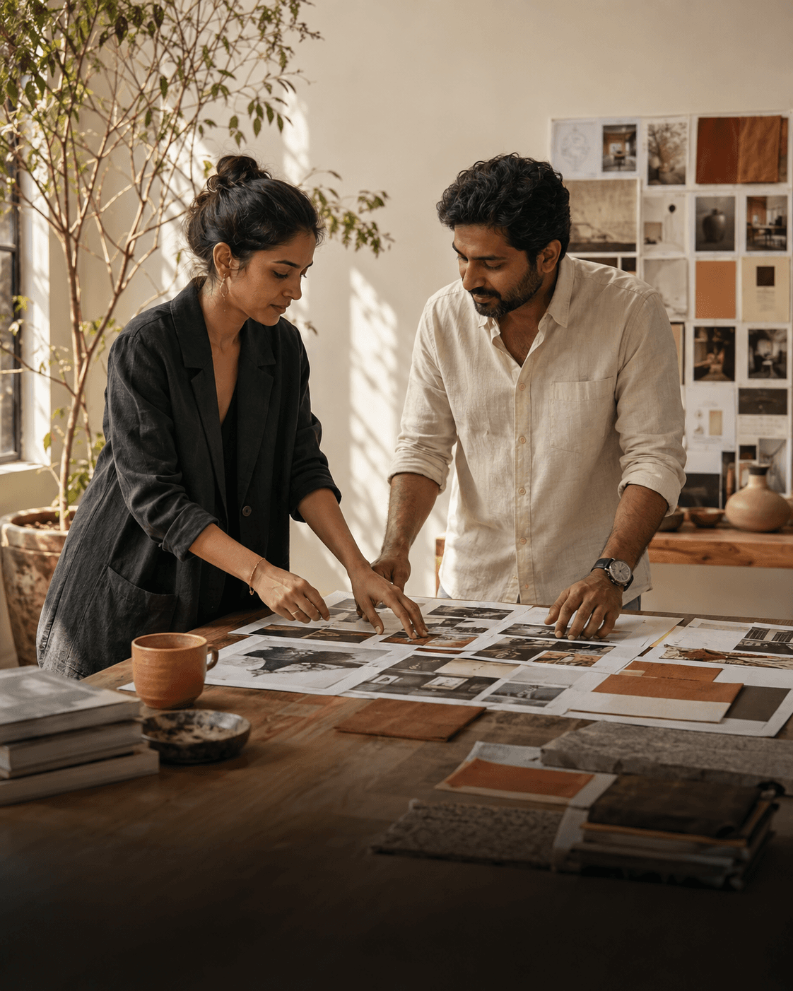 Illustrative brand team planning a campaign with photography and material samples