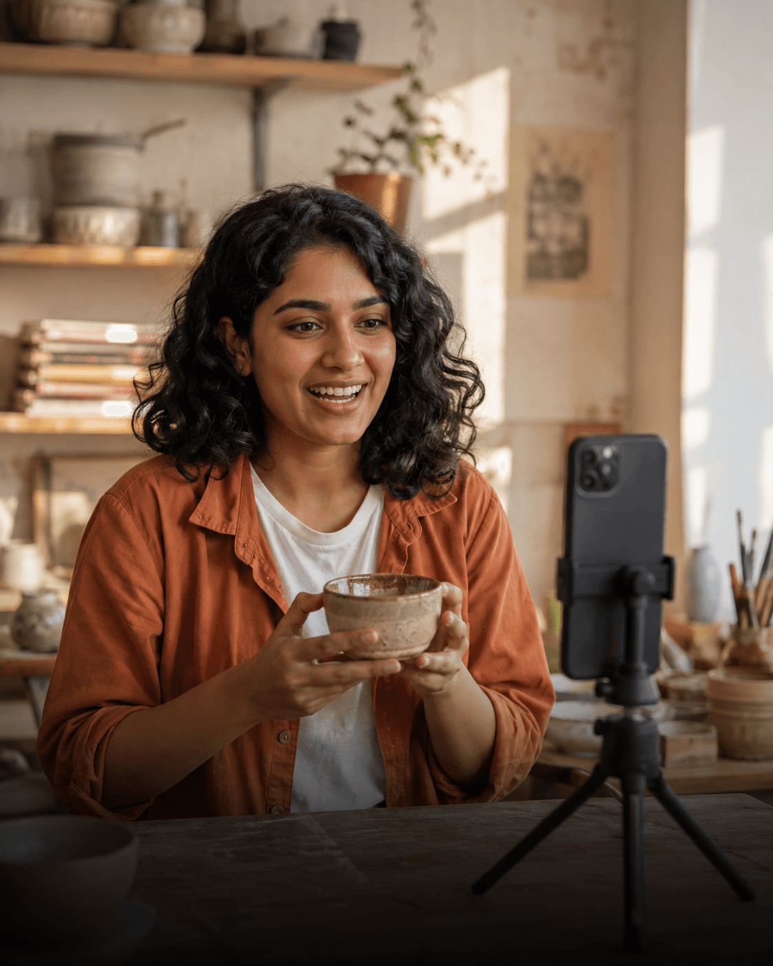 Illustrative creator recording a lifestyle video with her phone in a personal studio